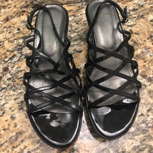 Autg. Stuart Weitzman Black patent wedge sandals 8